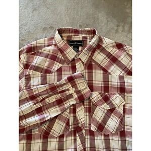 Casual Country Shirt‎ Mens Large Red White Plaid Western Pearl Snap Long Sleeve